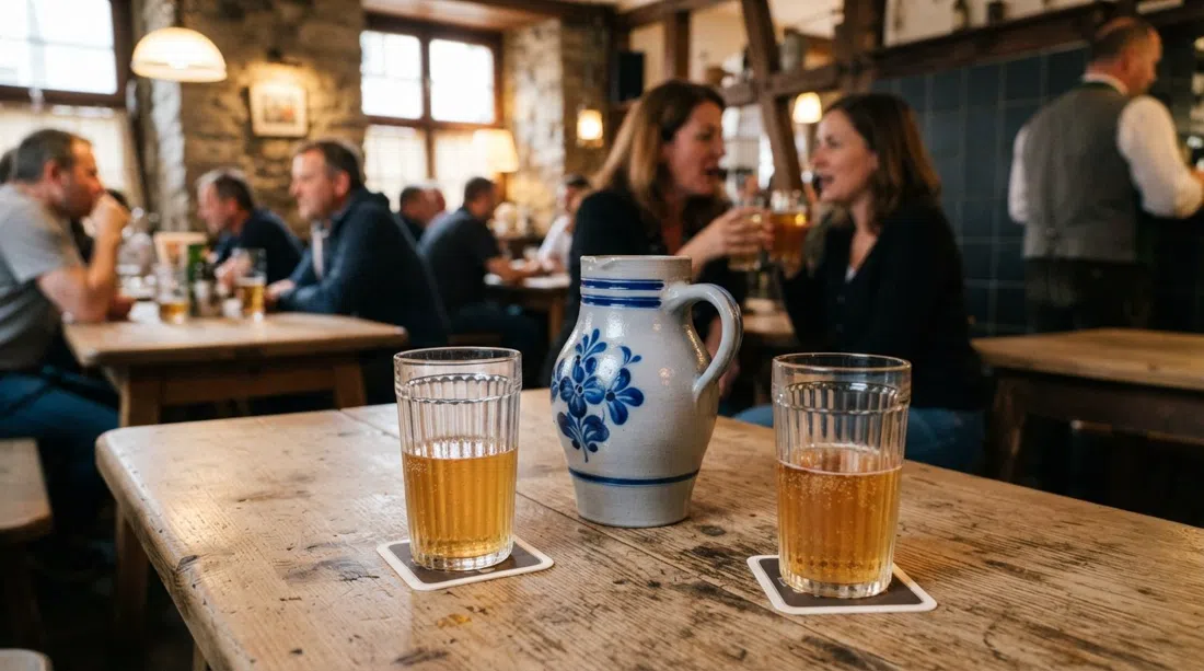a grey-and-blue Bembel jug and ribbed Geripptes glasses on a scrubbed wooden tavern table in Sachsenhausen-Süd, with cloudy Apfelwein catching warm indoor light