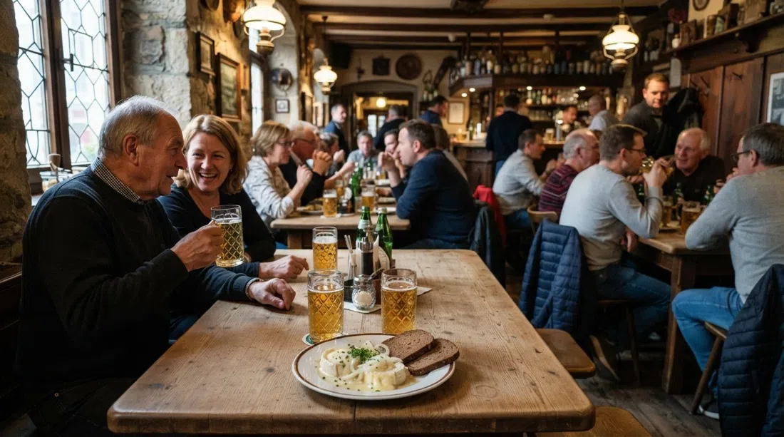 the rustic dining room at Fichtekränzi on Wallstraße, crowded wooden tables, old tavern lamps and a plate of Sachsenhäuser Schneegestöber beside cider glasses