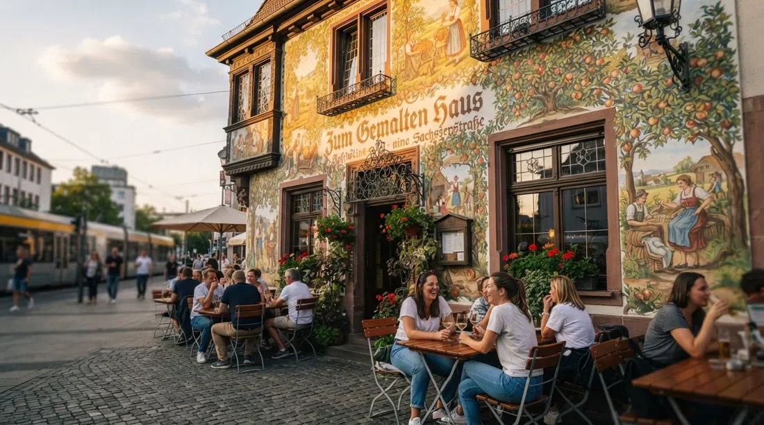 the mural-covered exterior of Zum Gemalten Haus on Schweizer Straße, apple harvest paintings wrapping the façade in late afternoon light
