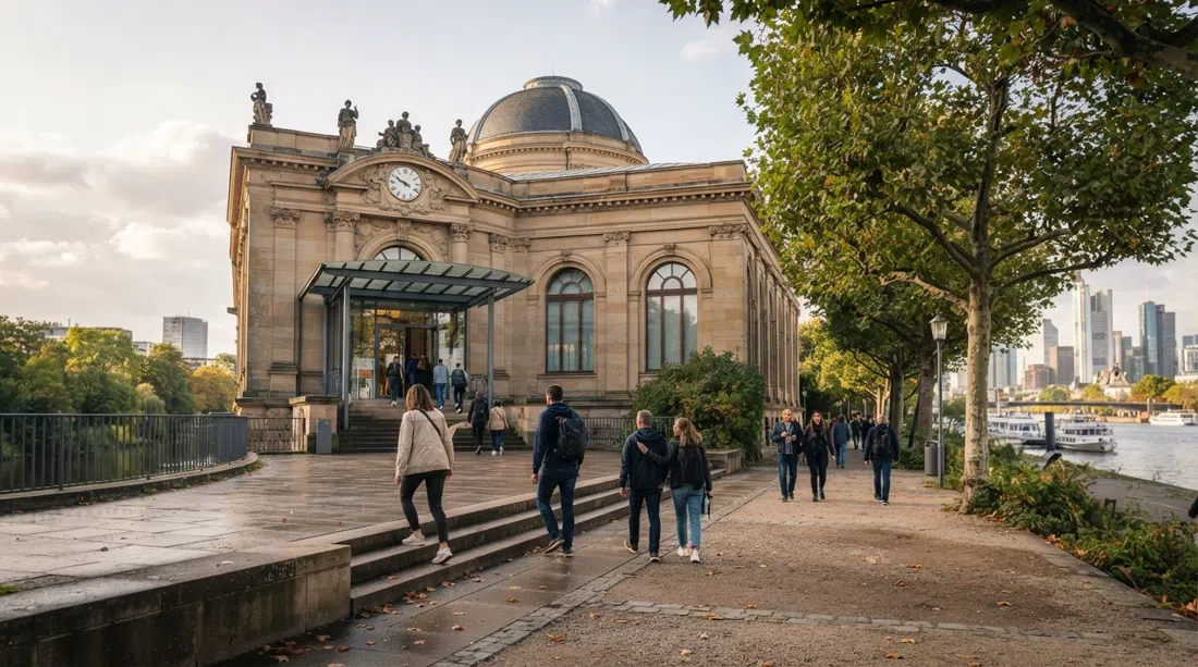 the Städel Museum façade on Schaumainkai in soft afternoon light, visitors entering along the riverbank promenade