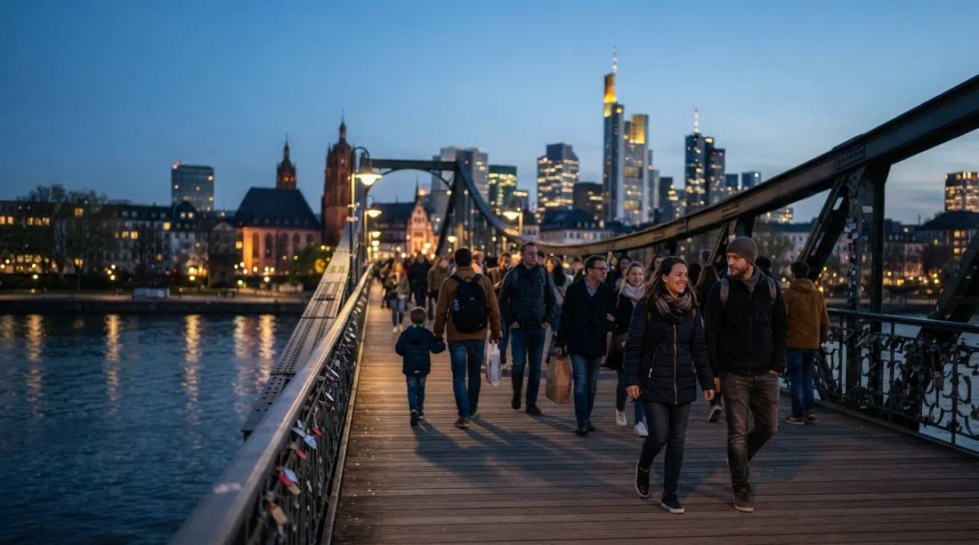 the Eiserner Steg footbridge over the Main at dusk, pedestrians crossing toward the Altstadt with Frankfurt’s skyline behind