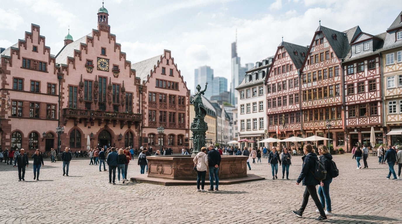 Römerberg i Frankfurt Altstadt ved dagslys, Römers trinfronter vendt mod Ostzeile og Gerechtigkeitsbrunnen på pladsen