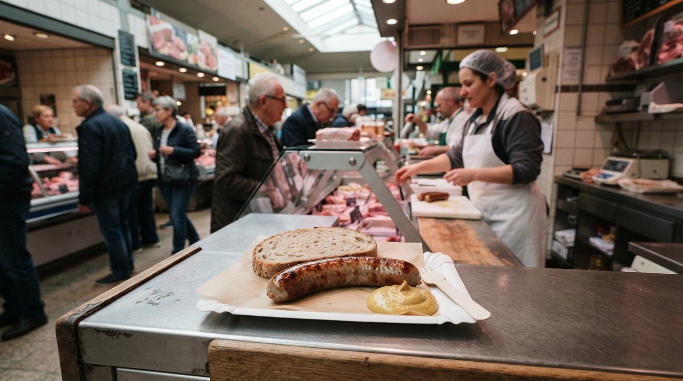 en papirtallerken fra Metzgerei Schreiber inde i Frankfurts Kleinmarkthalle, varm pølse med brød og sennep ved slagterdisken