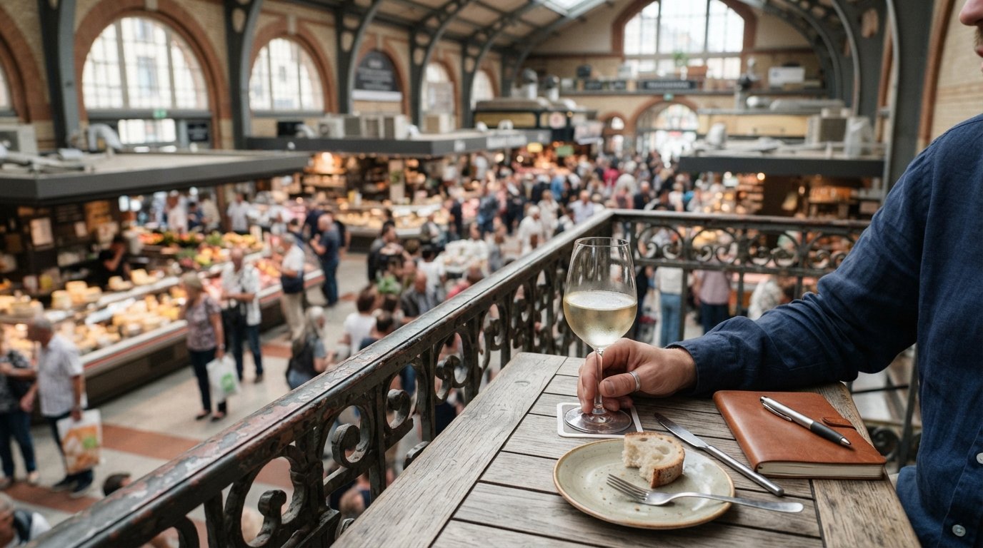 Wein-Balkon på første sal over Frankfurts Kleinmarkthalle, et glas hvidvin ved frokosttid med udsigt ned over markedsboderne