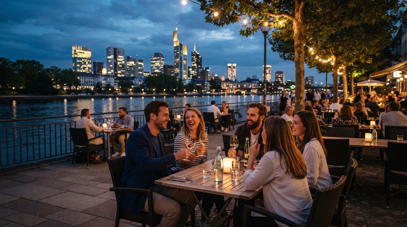 MainNizza på Untermainkai ved solnedgang, flodterrasseborde med Frankfurts skyline oplyst på den anden side af Main