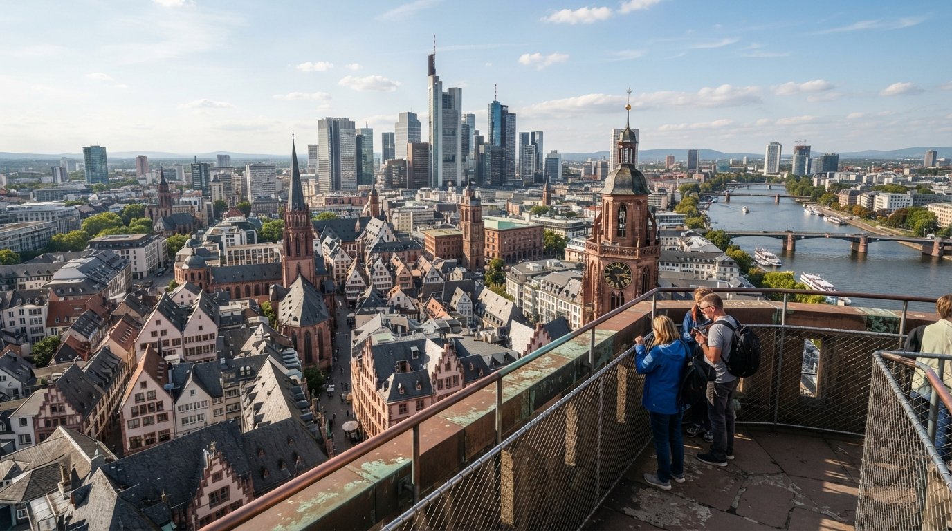 udsigten fra Frankfurts Kaiserdom-tårn over Altstadts tage mod skyline og Museumsufer i klart eftermiddagslys