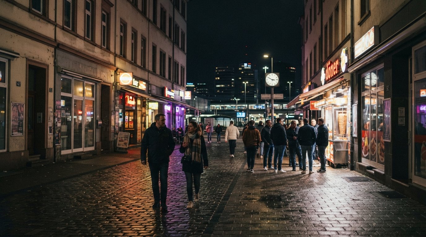 Taunusstraße near the station at night, lit shopfronts and the hard edge of the red-light district with pedestrians moving through the frame