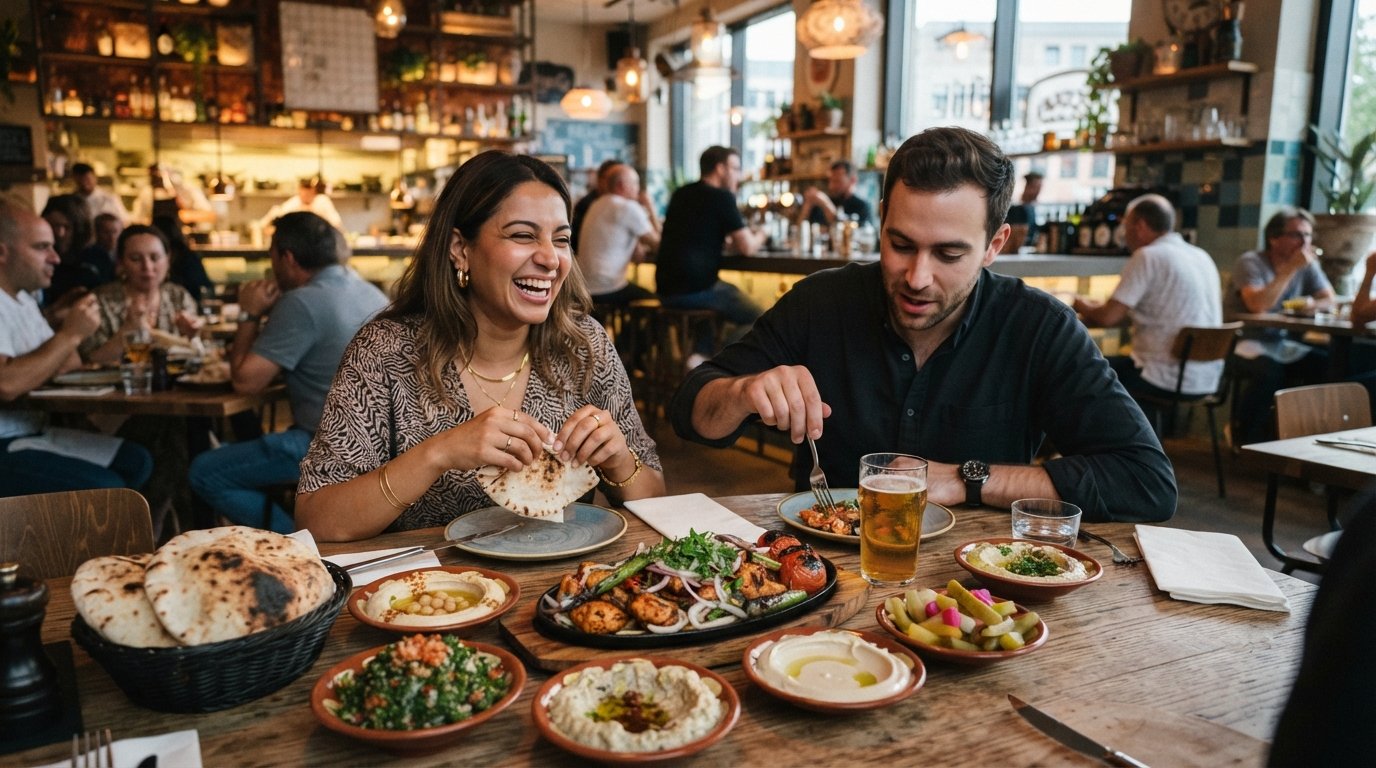 Bar Shuka’s sharing plates at the 25hours Hotel The Trip, freshly baked pita, Jerusalem kebab and herbs on a busy table