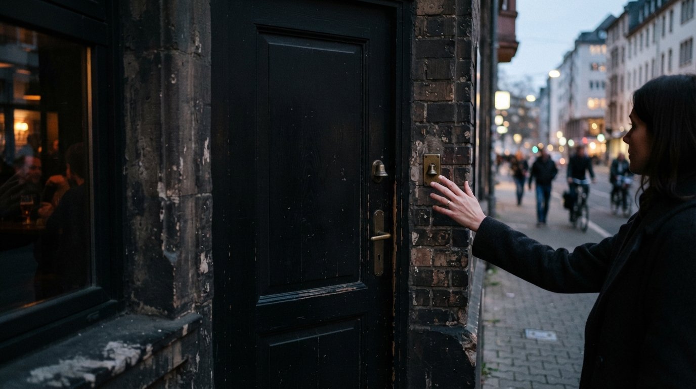 the unmarked black door of The Kinly Bar on Elbestraße, evening light, a hand reaching for the bell beside the entrance