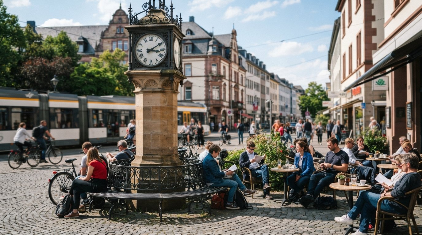 the Uhrtürmchen clock tower at the start of upper Berger Strasse in Bornheim, with café tables and the bench around its base on a bright afternoon