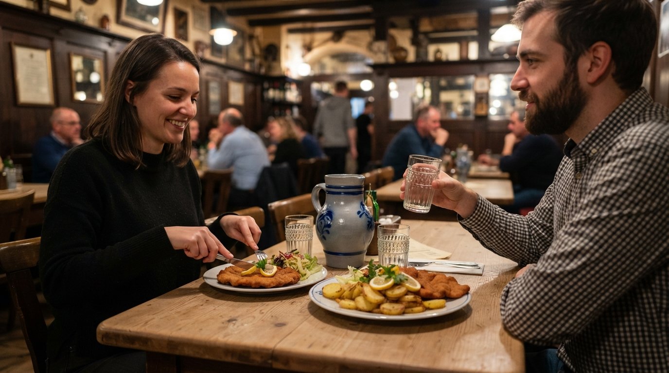 a shared Bembel of Apfelwein and schnitzel with Bratkartoffeln at Apfelwein Solzer on Berger Strasse, warm tavern light and wooden tables