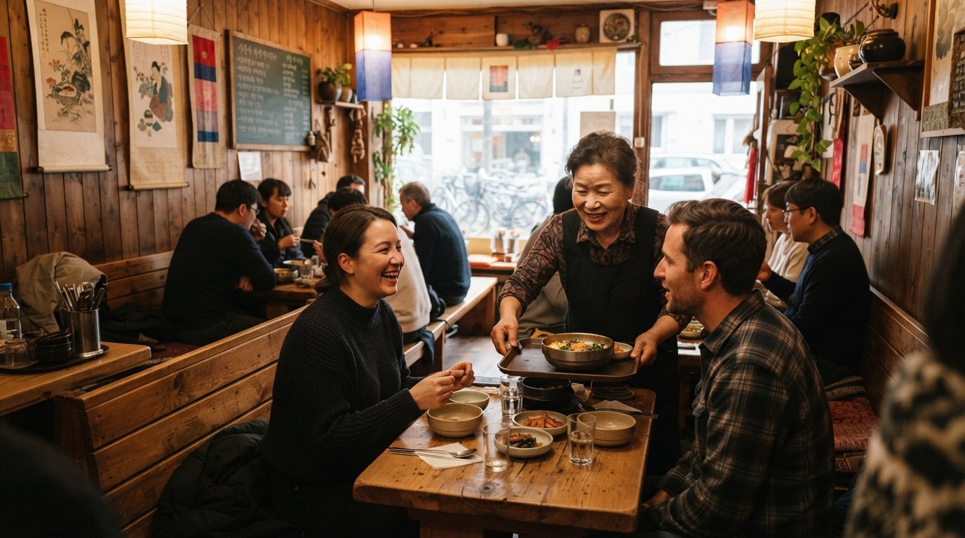 the wood-lined dining room at Sonamu on Berger Strasse, with a handwritten menu and a cosy family-run Korean restaurant feel