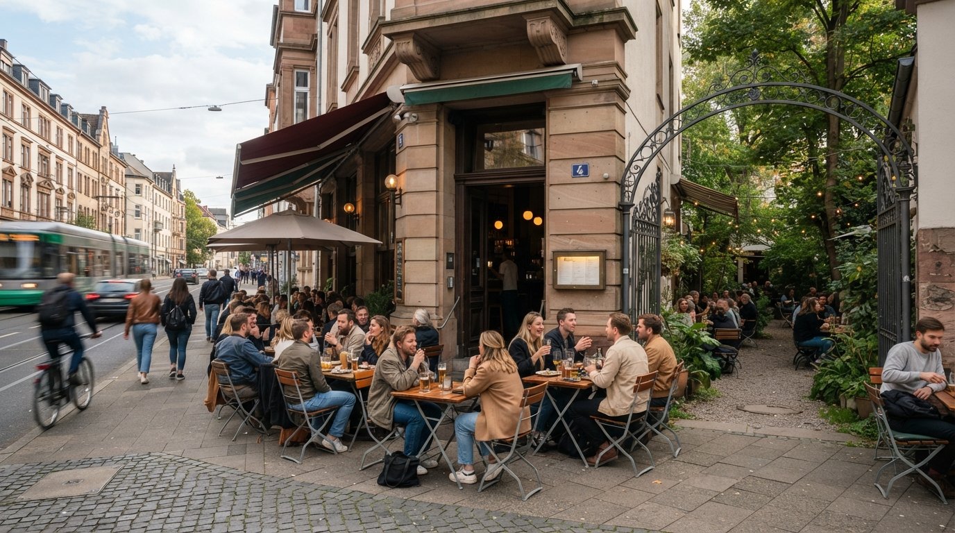 Schöneberger on Berger Strasse in Bornheim, with a crowded pavement terrace out front and a quieter courtyard garden visible behind