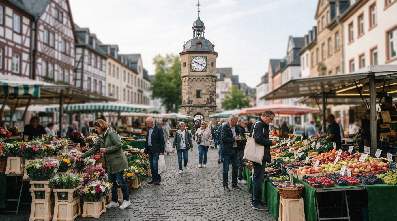 the Bornheimer Wochenmarkt around the Uhrtürmchen in Bornheim, fresh produce and flowers under soft morning light with people browsing