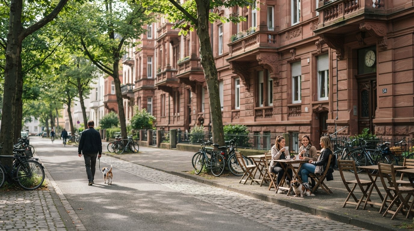 red-sandstone Gründerzeit apartment blocks and tree-lined pavements in Nordend, with cafe tables and bicycles on a calm morning street