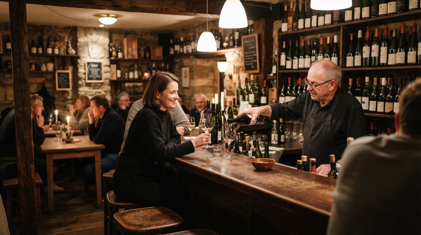 the cosy interior of Weinstube im Nordend on Brückenstraße, with wine bottles at the counter and a quiet living-room atmosphere at night