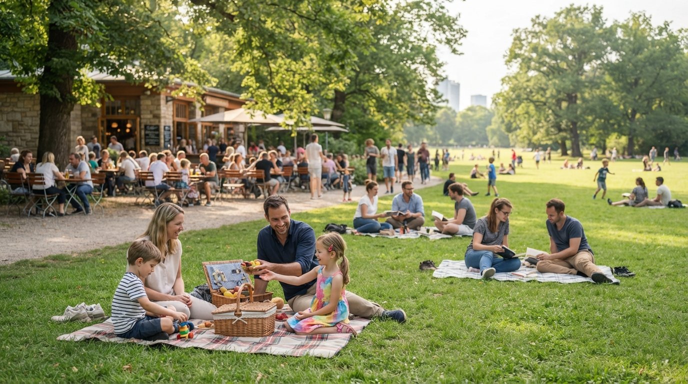 families and picnickers in Günthersburgpark beneath mature trees, with the café garden and open lawn in soft summer light