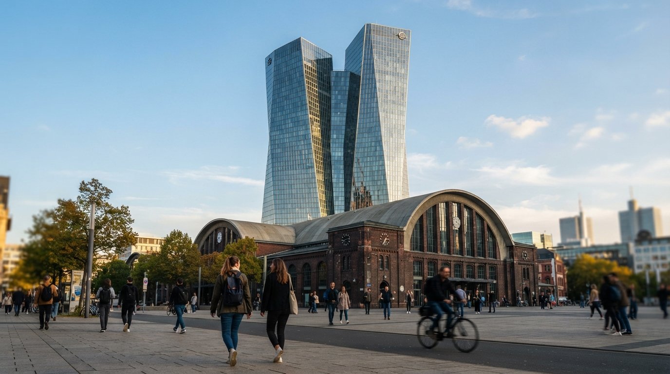 the European Central Bank twin tower rising from the Grossmarkthalle in Frankfurt, late-afternoon light catching the twisted glass facade and the historic market hall below