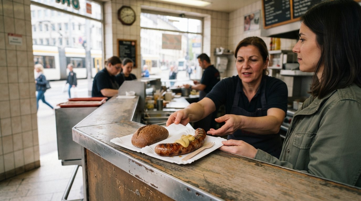 a standing lunch at Gref-Völsings on Hanauer Landstrasse in Frankfurt, beef Rindswurst with mustard and a roll served over the counter under bright daylight