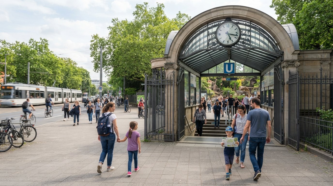 Frankfurt Zoo entrance on Bernhard-Grzimek-Allee, visitors arriving beside the Zoo U-Bahn stop on a bright daytime street