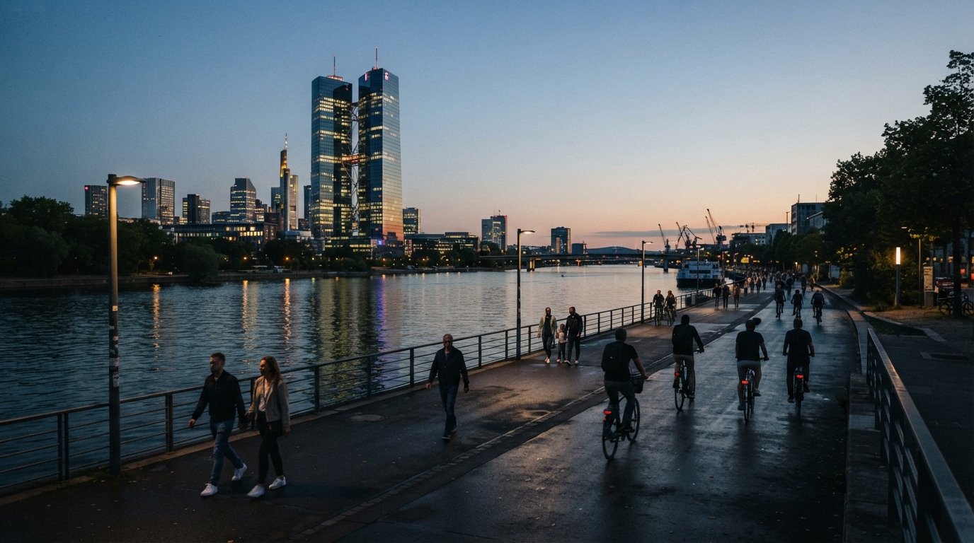the Mainufer path by the Osthafen at dusk in Frankfurt, river reflections, the ECB tower and skyline across the water with cyclists and walkers in silhouette