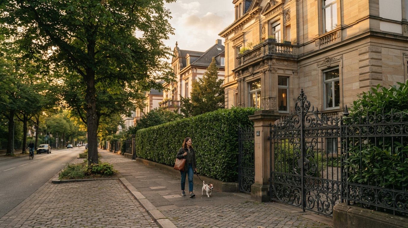 chestnut-lined Westend avenue with a Gründerzeit villa, wrought-iron gate and embassy-style hedges at late afternoon light