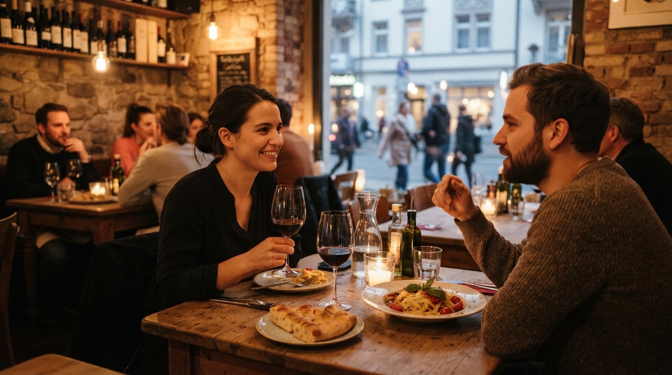 a warmly lit table at Vetro Vero Cantina Westend with Italian wine glasses, small plates and the intimate Feldbergstraße room beyond