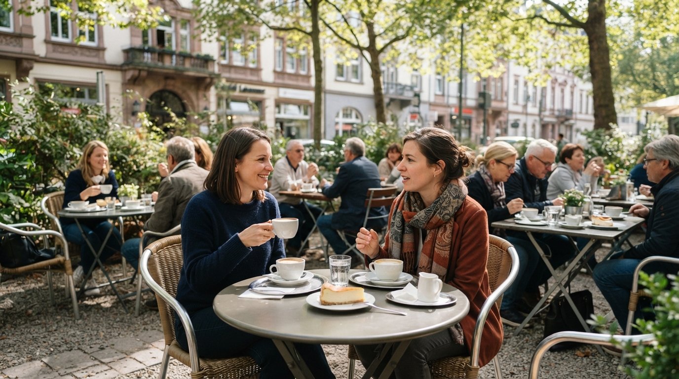Café Laumer’s garden tables on Bockenheimer Landstraße with coffee, cake and dappled morning shade