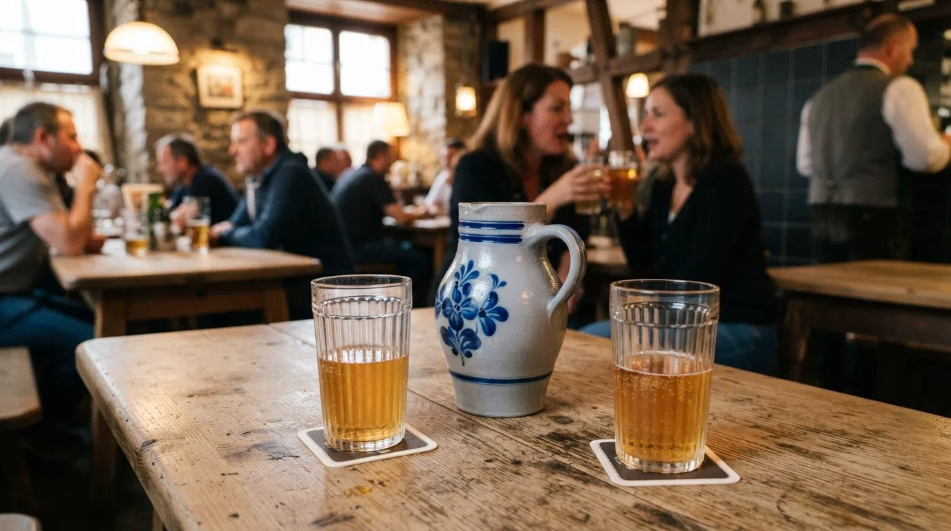 磨かれた木製の居酒屋テーブルに置かれた灰青色のベンベル瓶と溝のあるゲリップテスグラス。濁ったアプフェルヴァインが室内の暖かい光を反射している